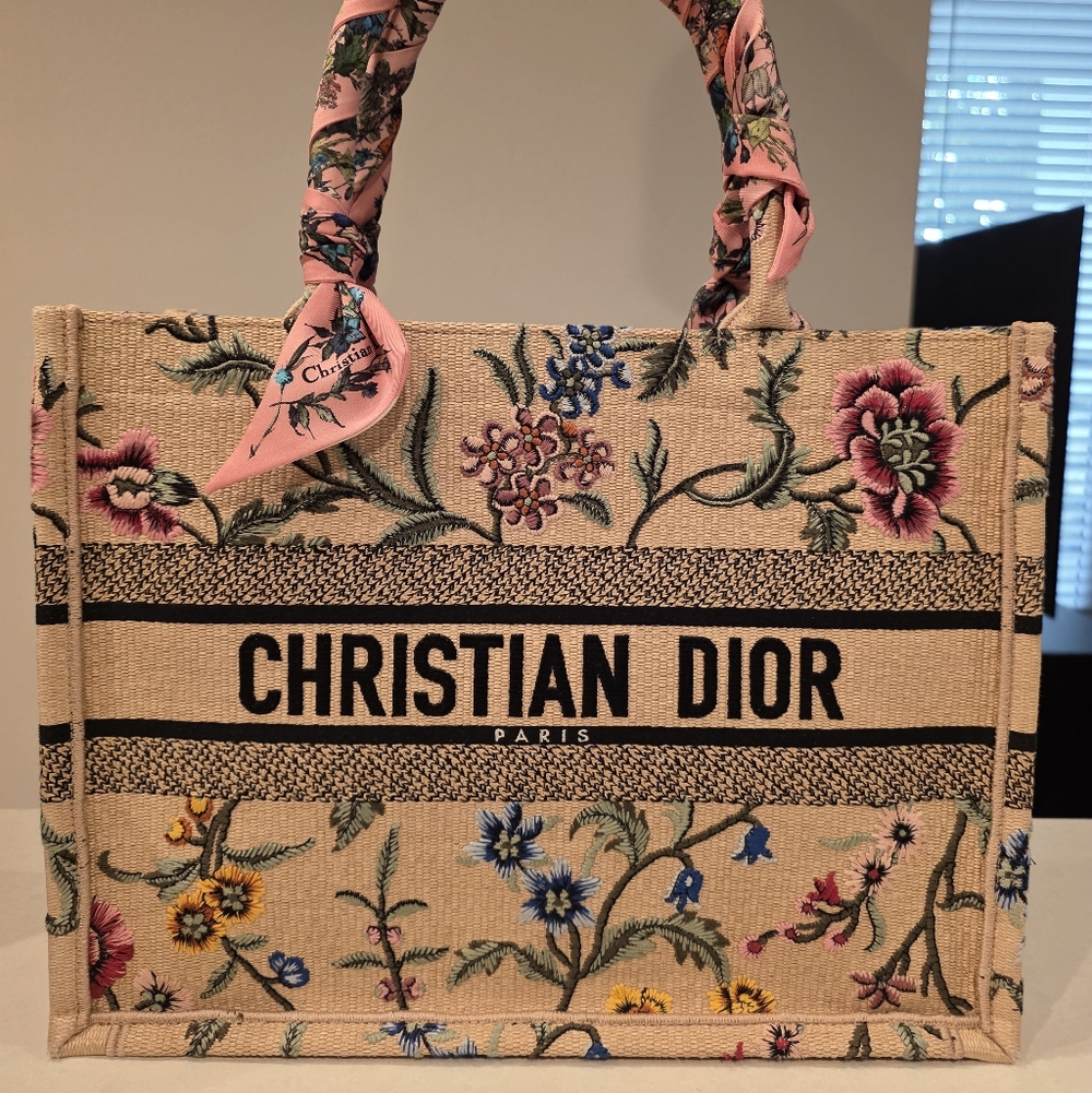 BUNDLE Dior Medium Floral Embroidered Tote Bag w/ Matching Twills